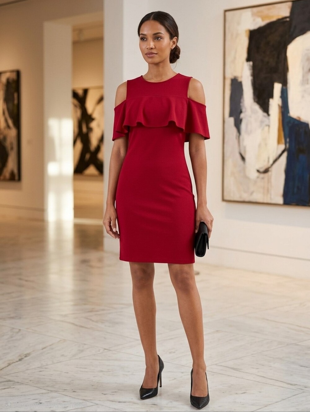Cold-Shoulder Ruffle Sheath Dress in Deep Red